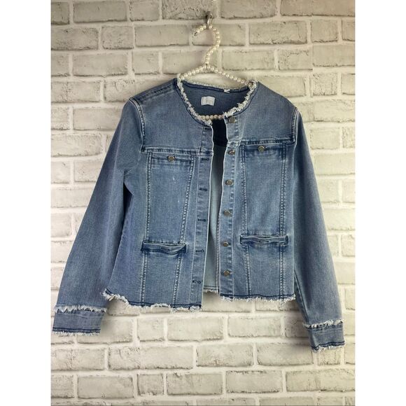 ecru Frayed-Trim Blue Denim Jacket Women’s Size Small - Picture 3 of 6